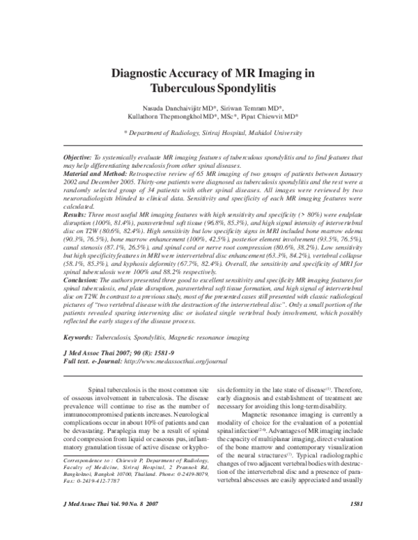 (PDF) Diagnostic accuracy of MR imaging in tuberculous spondylitis ...