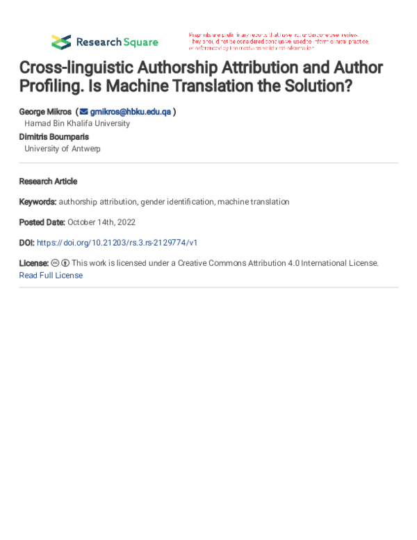 (PDF) Cross-linguistic Authorship Attribution and Author Profiling. Is ...