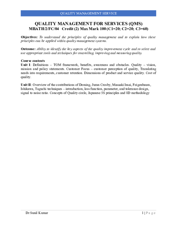 (DOC) QUALITY MANAGEMENT FOR SERVICES (QMS) for MBA in Tourism and ...