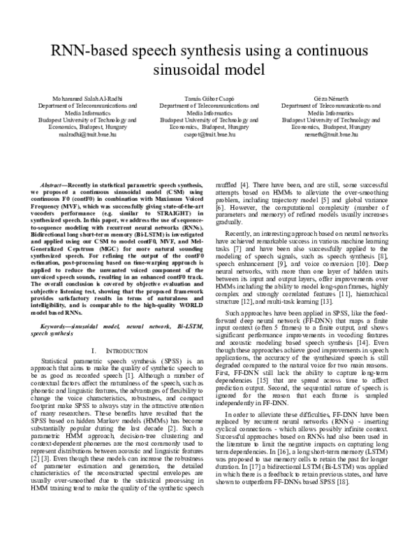 (PDF) RNN-based speech synthesis using a continuous sinusoidal model