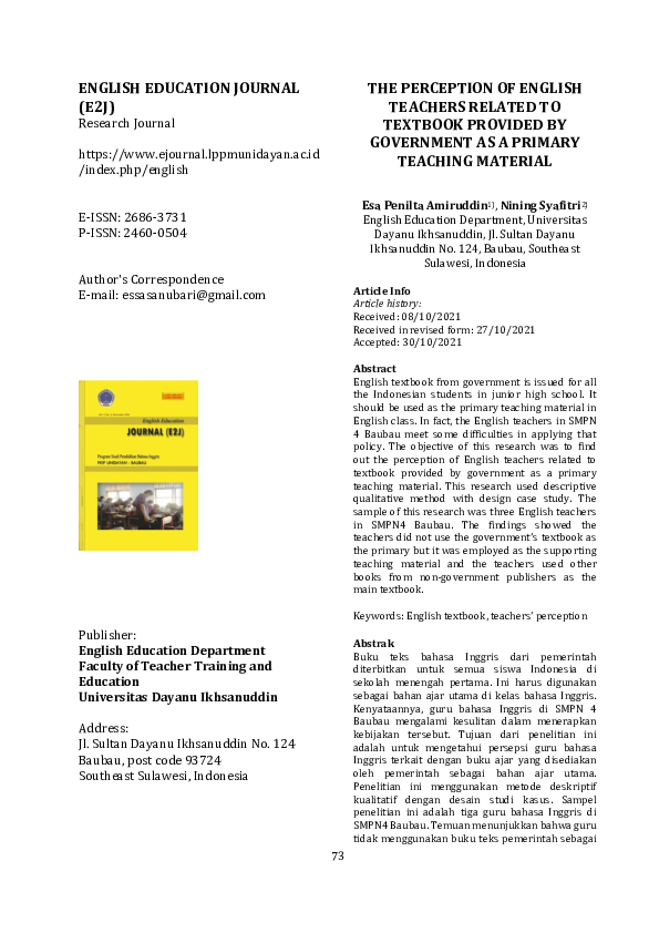 (PDF) Perception of English Teachers Related to Textbook Provided by ...