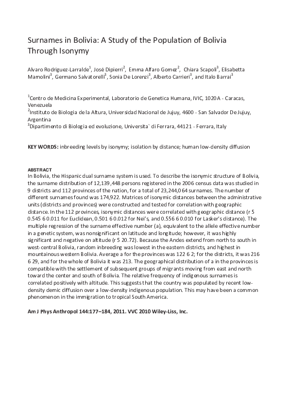 (PDF) Surnames in Bolivia: A study of the population of Bolivia through ...