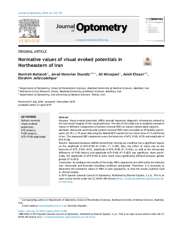 (PDF) Normative values of visual evoked potentials in Northeastern of Iran