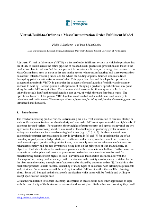 (PDF) Virtual-Build-to-Order as a Mass Customization Order Fulfilment Model