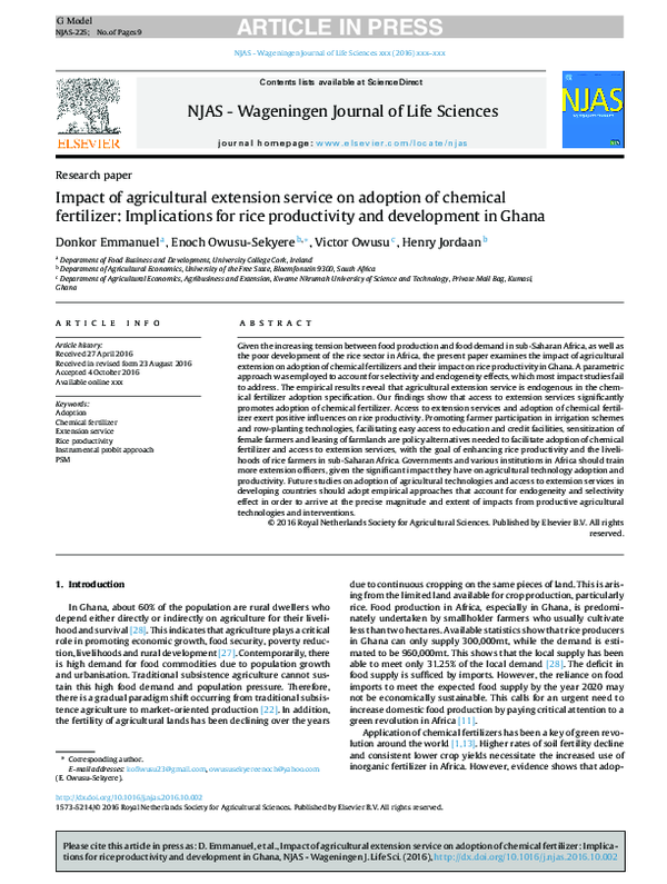 (PDF) Impact of agricultural extension service on adoption of chemical ...
