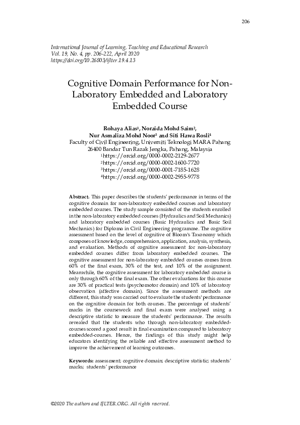 (PDF) Cognitive Domain Performance for Non-Laboratory Embedded and ...