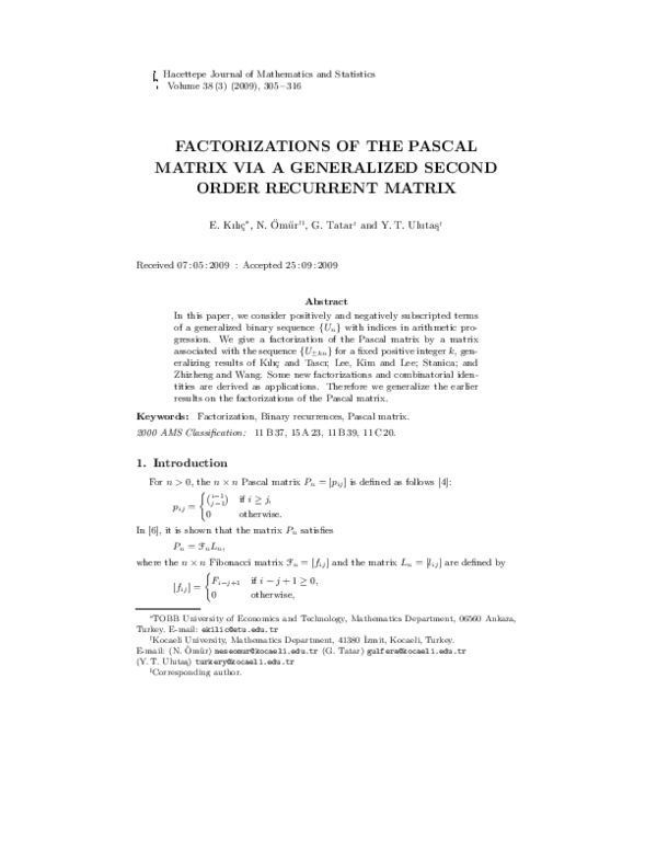 (PDF) Factorizations of the Pascal Matrix via a Generalized Second ...