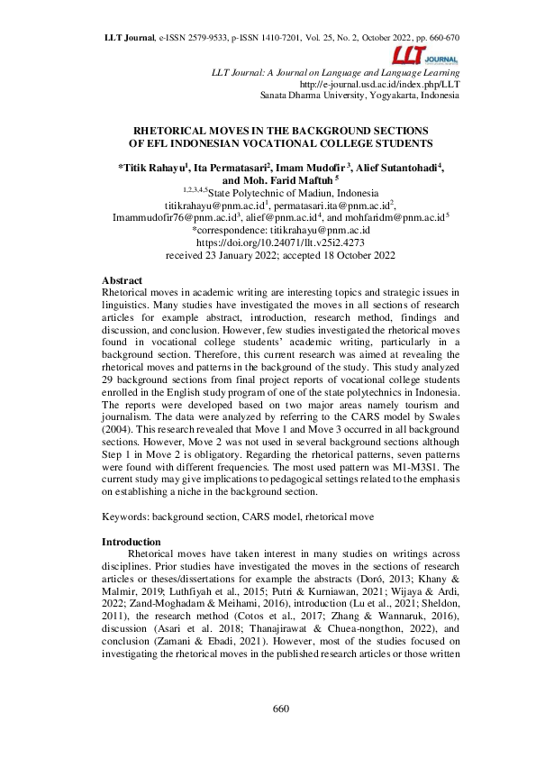(PDF) Rhetorical Moves in the Background Sections of Efl Indonesian ...