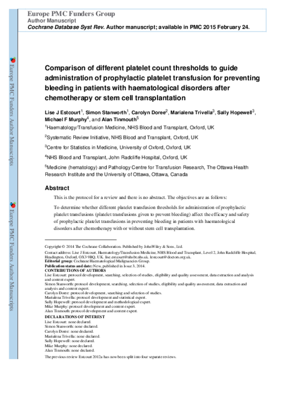 (PDF) Comparison of different platelet count thresholds to guide ...