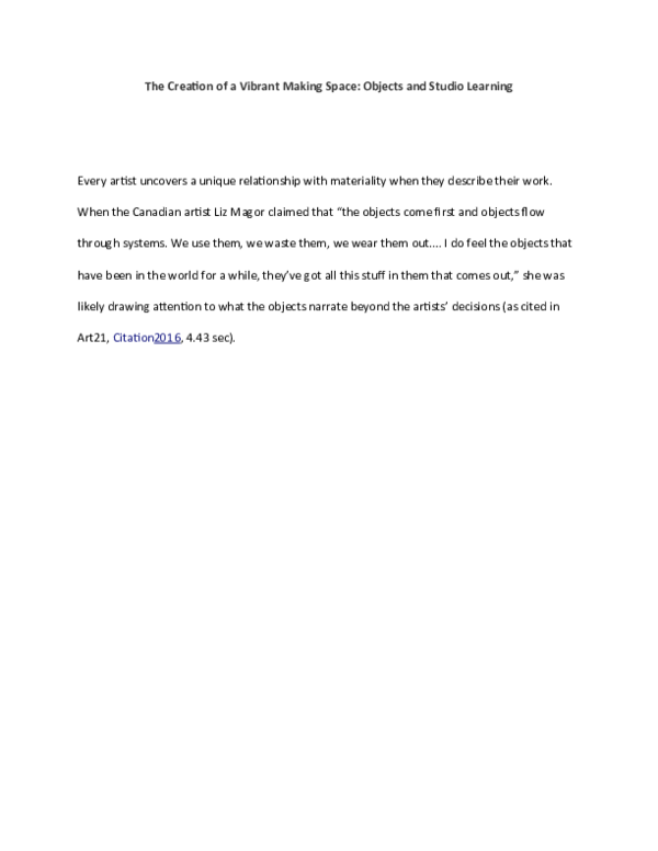 (DOC) The Creation of a Vibrant Making Space: Objects and Studio Learning