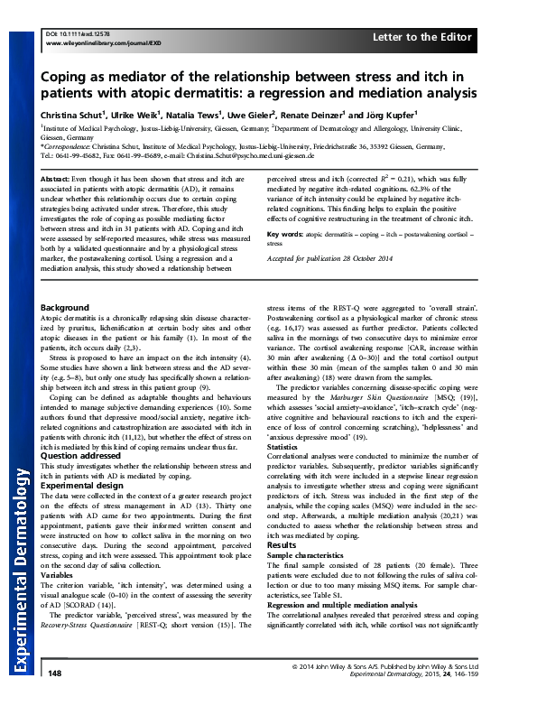 (PDF) Coping as mediator of the relationship between stress and itch in ...
