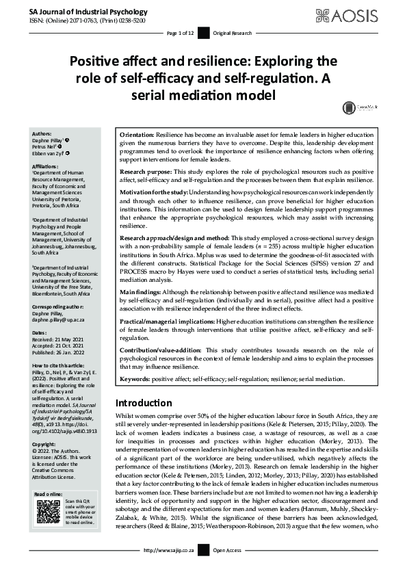 (PDF) Positive affect and resilience: Exploring the role of self ...