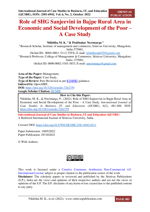 (PDF) Role of SHG Sanjeevini in Bajpe Rural Area in Economic and Social ...
