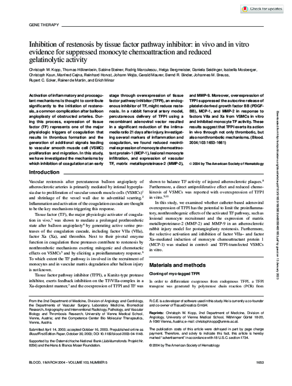 (PDF) Inhibition of restenosis by tissue factor pathway inhibitor: in ...