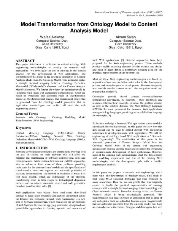 (PDF) Model Transformation from Ontology Model to Content Analysis Model