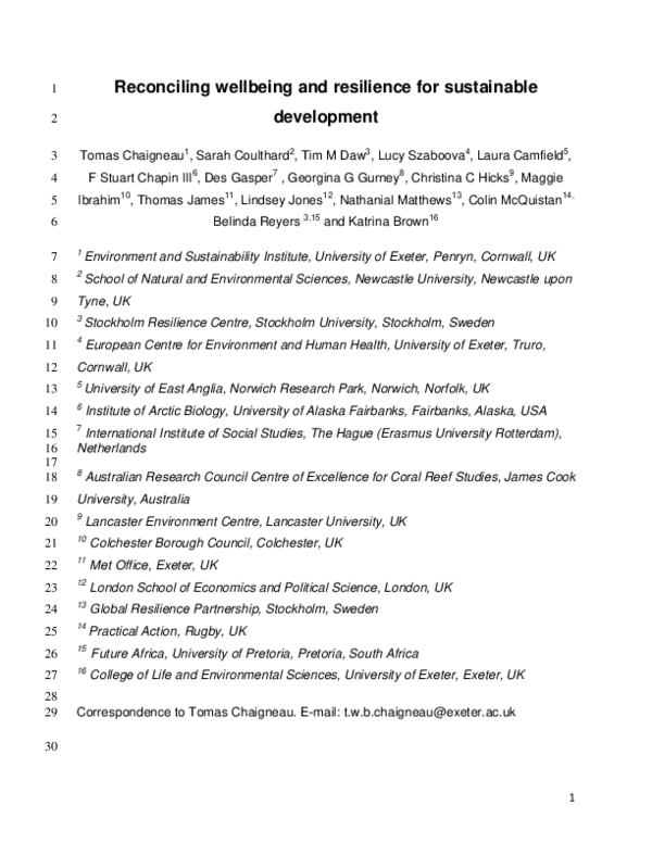 Pdf Reconciling Well Being And Resilience For Sustainable Development