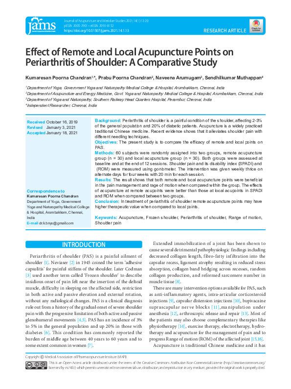 (PDF) Effect of Remote and Local Acupuncture Points on Periarthritis of ...