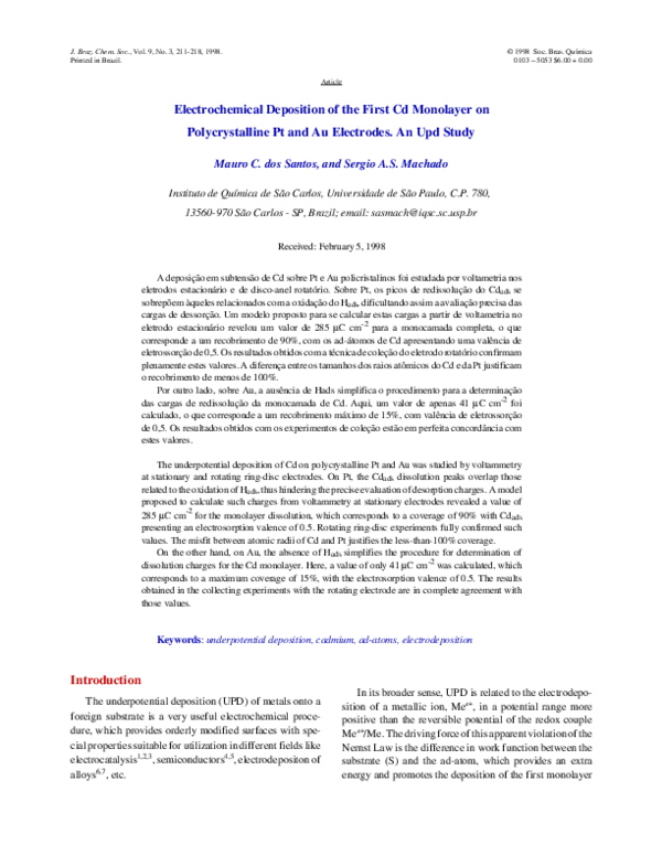 (PDF) Electrochemical deposition of the first Cd monolayer on