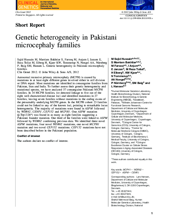 (PDF) Genetic heterogeneity in Pakistani microcephaly families