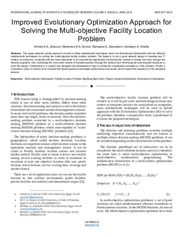 (PDF) Improved Evolutionary Optimization Approach for Solving the Multi ...