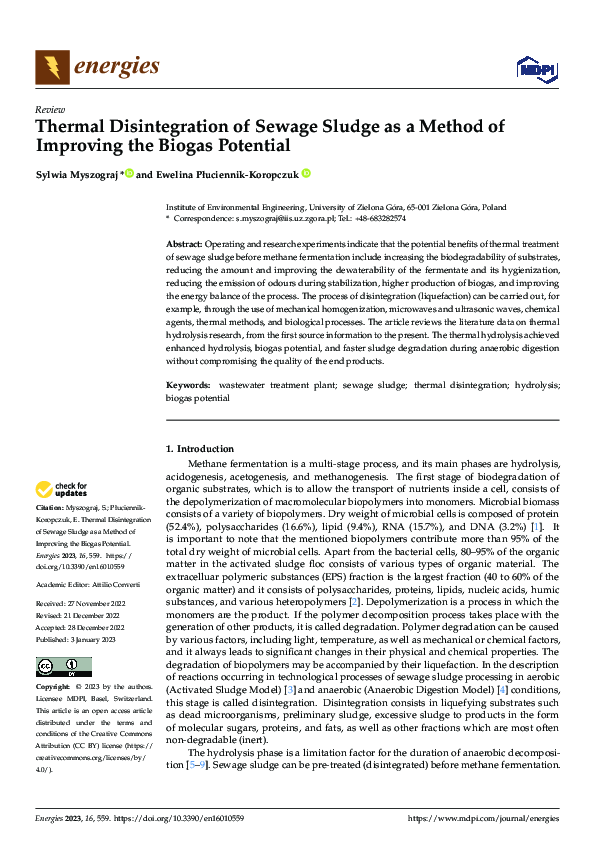 (PDF) Thermal Disintegration of Sewage Sludge as a Method of Improving ...