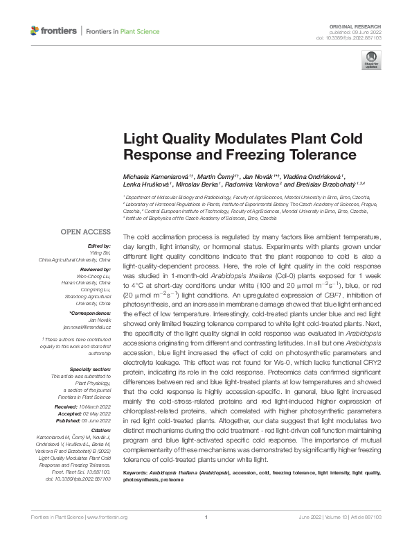 (PDF) Light Quality Modulates Plant Cold Response and Freezing Tolerance