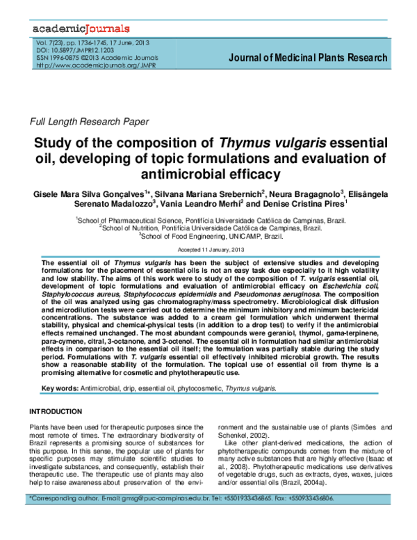 (PDF) Study of the composition of Thymus vulgaris essential oil