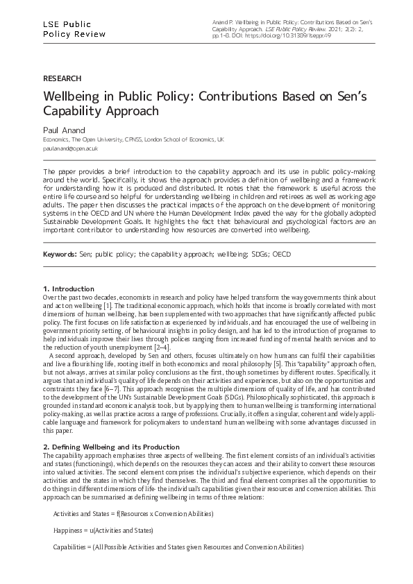 (PDF) Wellbeing in Public Policy: Contributions Based on Sen’s ...