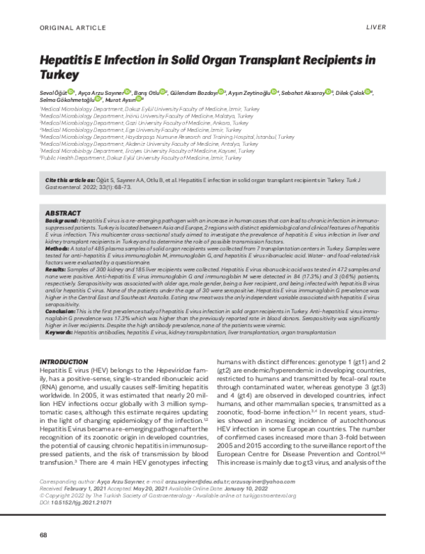 (PDF) Hepatitis E Infection in Solid Organ Transplant Recipients in Turkey
