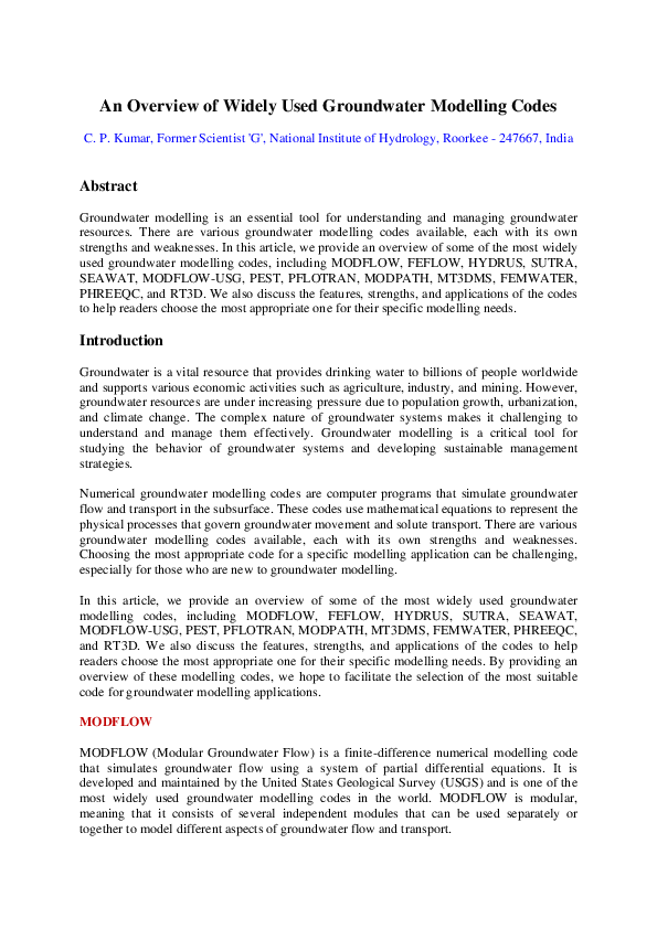 (PDF) An Overview of Widely Used Groundwater Modelling Codes