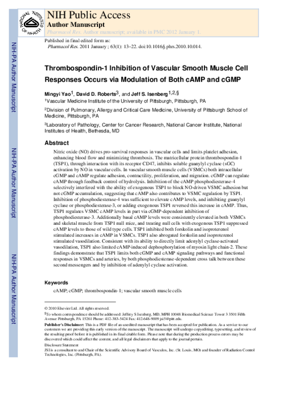 Thrombospondin-1 inhibition of vascular smooth muscle cell responses occurs via modulation of both cAMP and cGMP