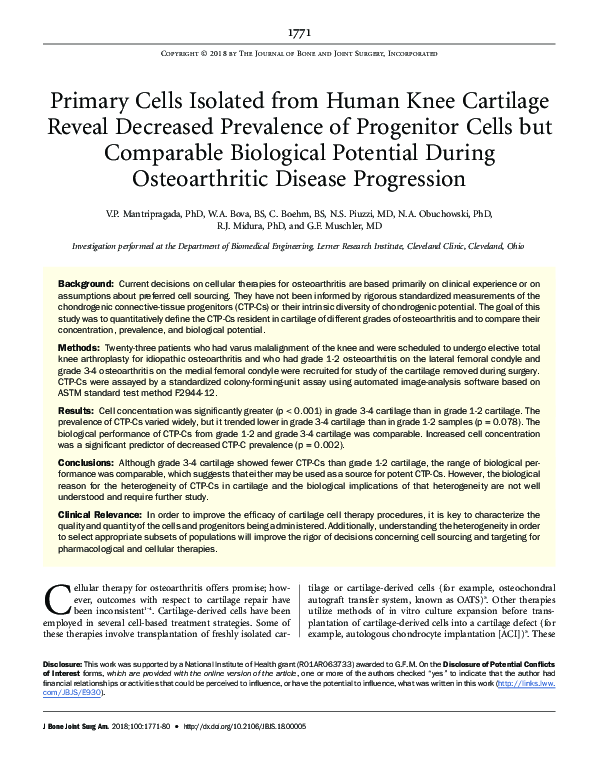 (PDF) Primary Cells Isolated from Human Knee Cartilage Reveal Decreased ...