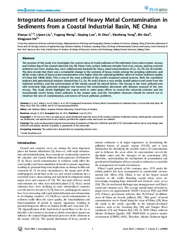 (PDF) Integrated Assessment of Heavy Metal Contamination in Sediments ...