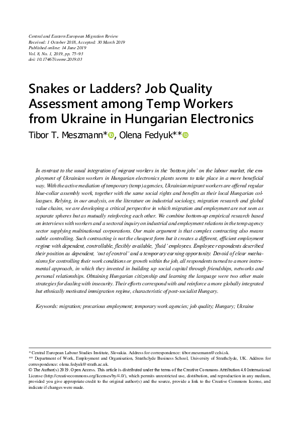 (PDF) Snakes or Ladders? Job Quality Assessment among Temp Workers from
