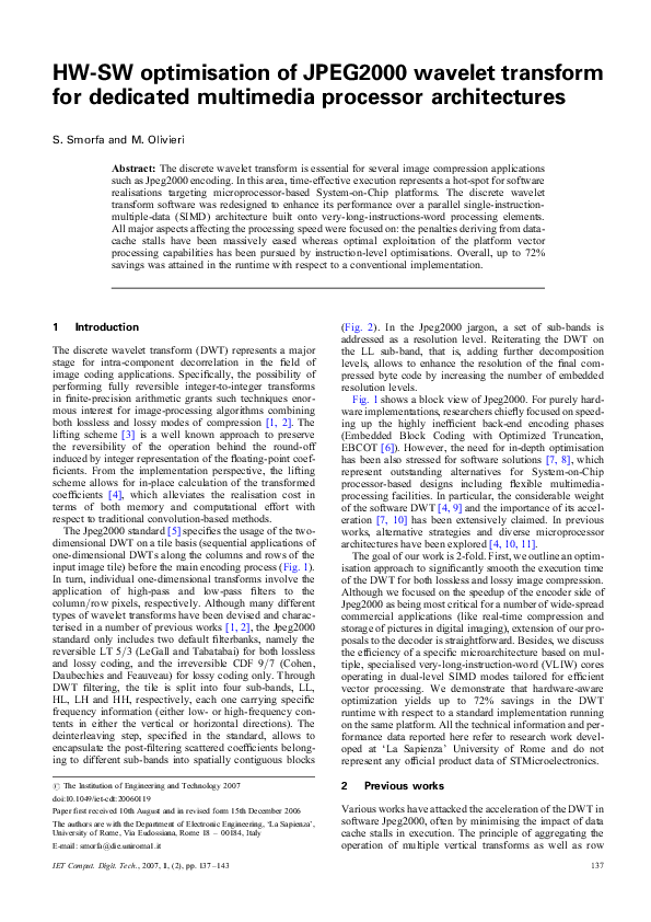 (PDF) HW-SW optimisation of JPEG2000 wavelet transform for dedicated ...