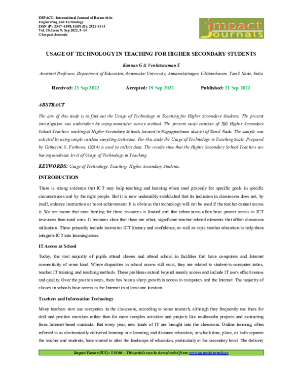 (PDF) USAGE OF TECHNOLOGY IN TEACHING FOR HIGHER SECONDARY STUDENTS