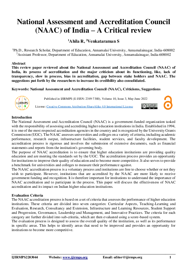 (PDF) National Assessment and Accreditation Council (NAAC) of India -A ...