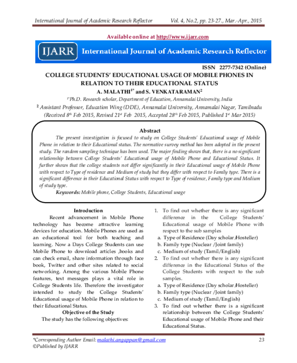 (PDF) COLLEGE STUDENTS' EDUCATIONAL USAGE OF MOBILE PHONES IN RELATION ...