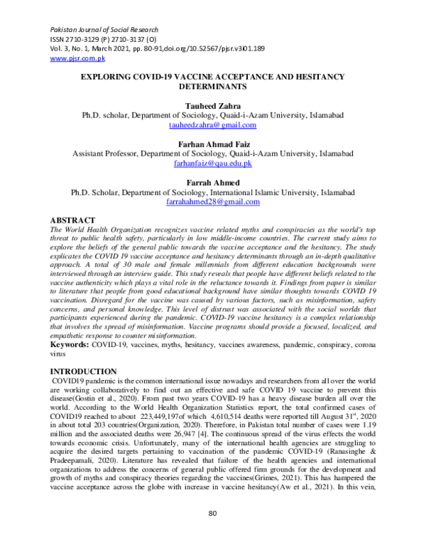 (PDF) Exploring COVID-19 Vaccine Acceptance and Hesitancy Determinants