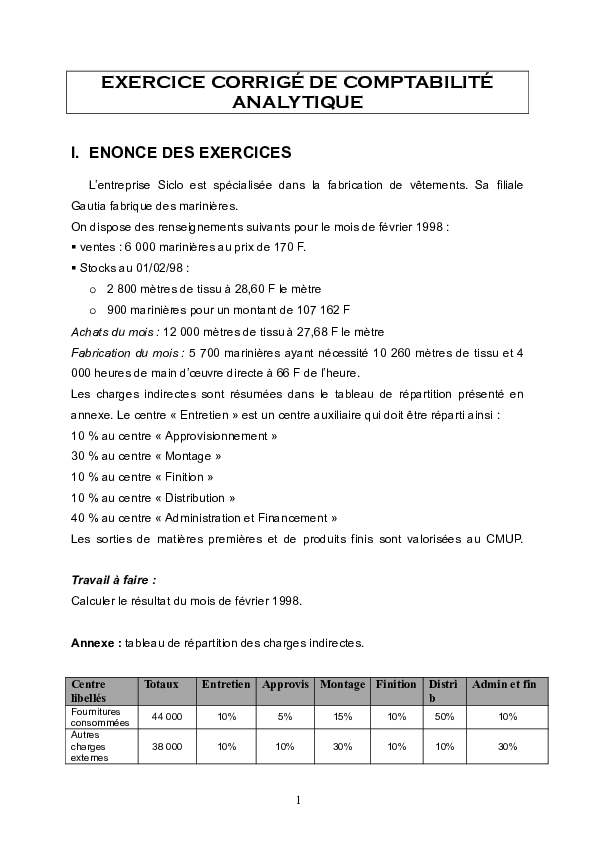 (PDF) EXERCICE CORRIGÉ DE COMPTABILITÉ ANALYTIQUE