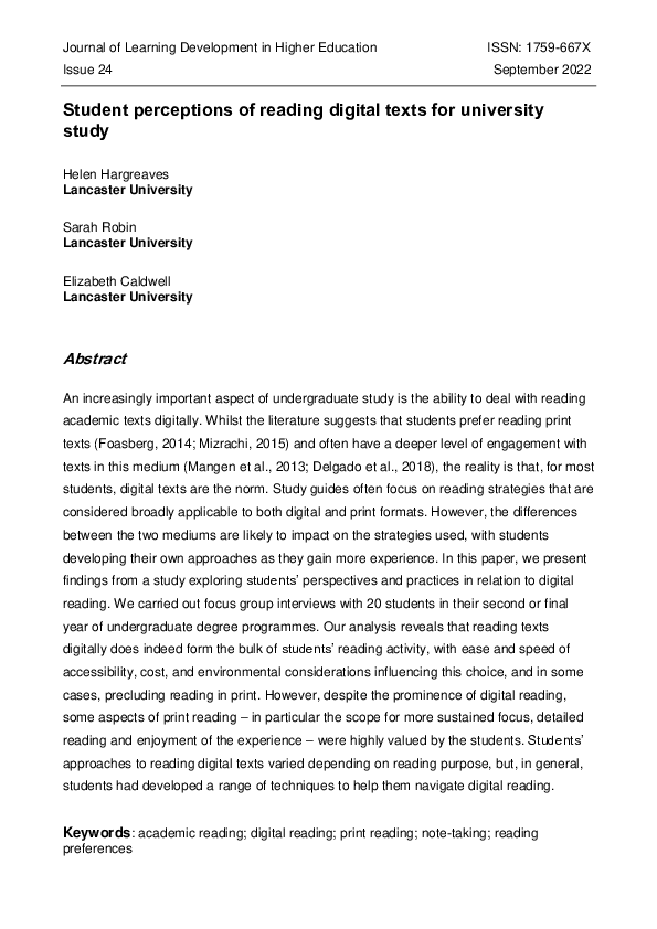 (PDF) Student perceptions of reading digital texts for university study