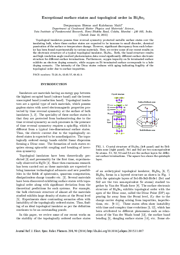 (PDF) Exceptional surface states and topological order in Bi 2 Se 3