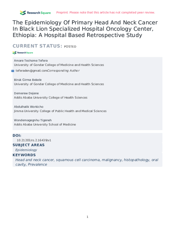 (PDF) The Epidemiology Of Primary Head And Neck Cancer In Black Lion ...