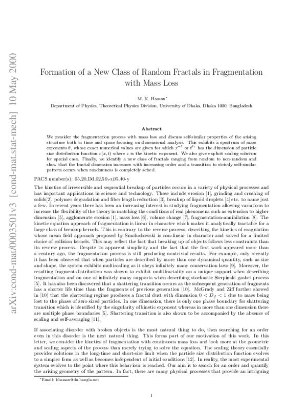 (PDF) Formation of a New Class of Random Fractals in Fragmentation with ...