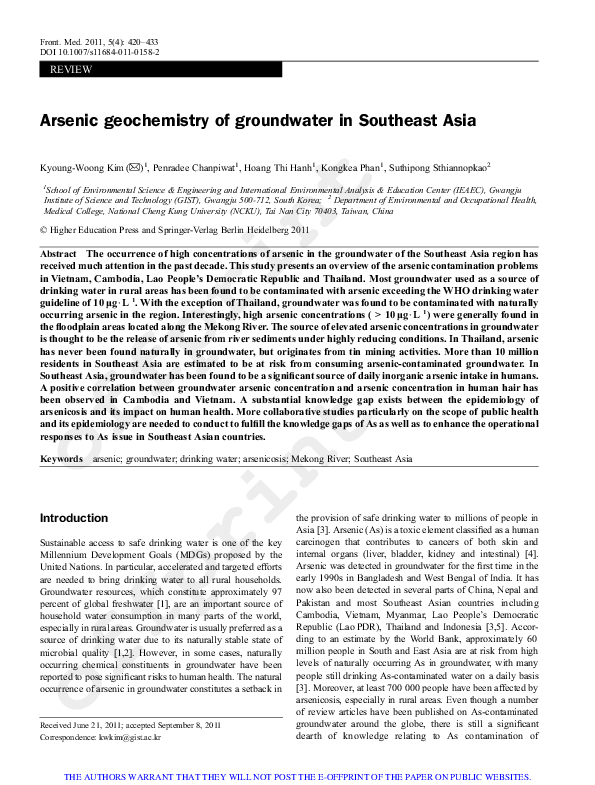 (PDF) Arsenic geochemistry of groundwater in Southeast Asia