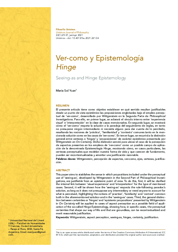 (PDF) y Epistemología Hinge / Seeingas and Hinge Epistemology