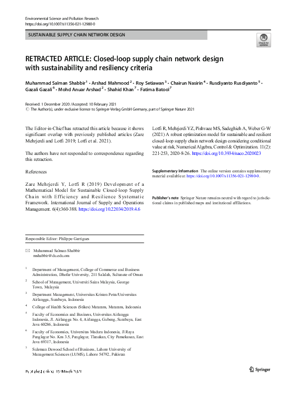 (PDF) RETRACTED ARTICLE Closedloop supply chain network design with