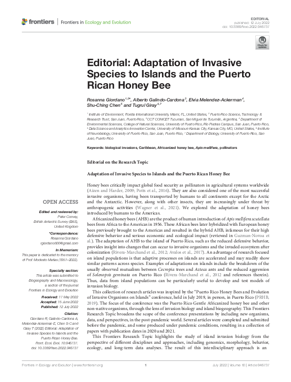 (PDF) Editorial: Adaptation of Invasive Species to Islands and the ...