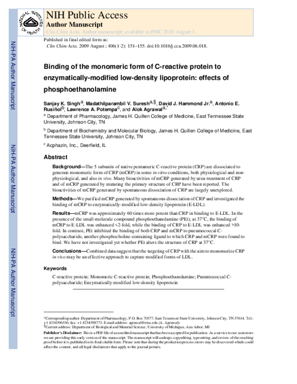 (PDF) Binding of the monomeric form of C-reactive protein to ...