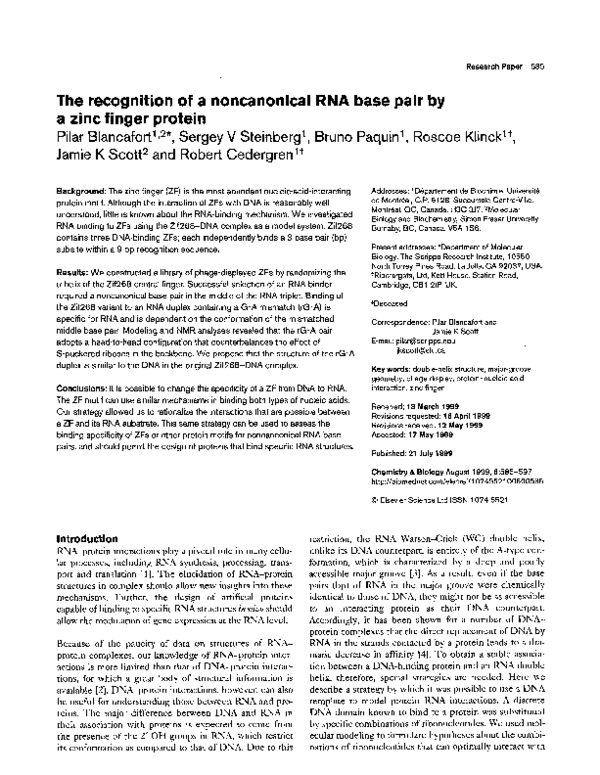 (PDF) The recognition of a noncanonical RNA base pair by a zinc finger ...